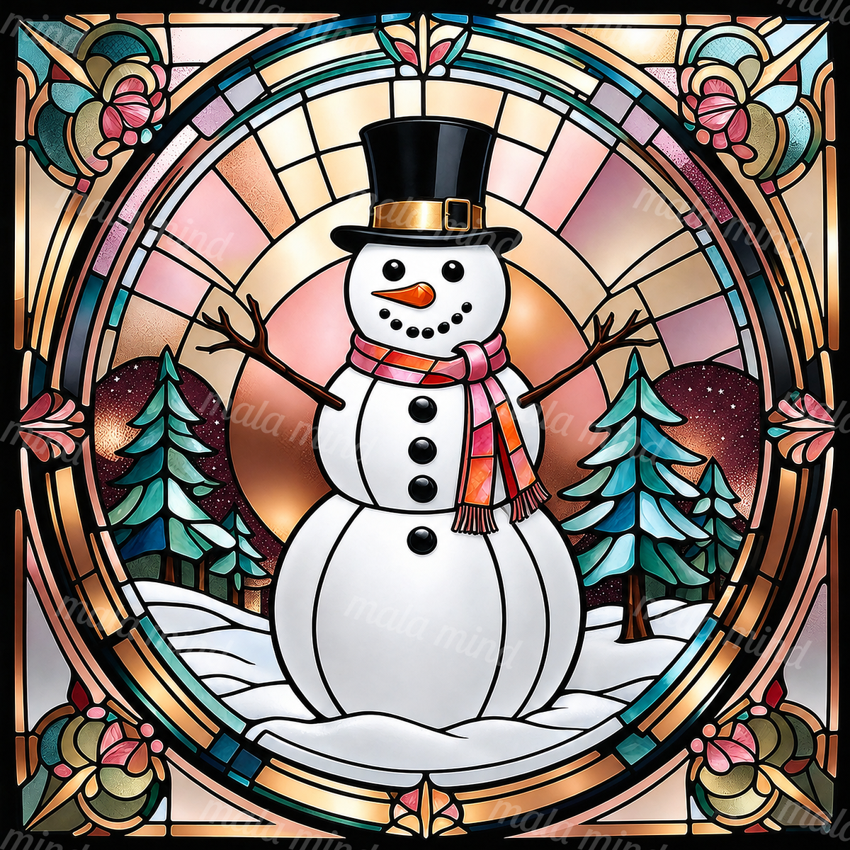 Stained-glass snowman in a snowy evergreen forest with a top hat, pink scarf, and floral frame — 02_master_artwork