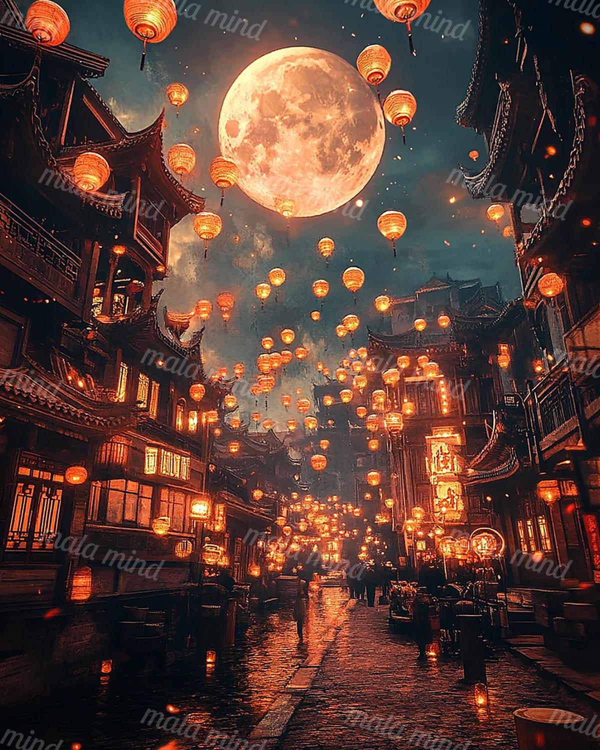 Lantern-filled East Asian street beneath a giant full moon with wet reflective pavement — 02_master_artwork