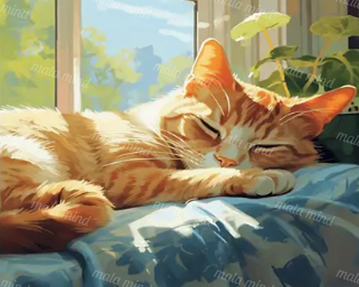 Sleeping orange-and-white tabby cat on a blue blanket in a sunlit room with houseplants — 02_master_artwork