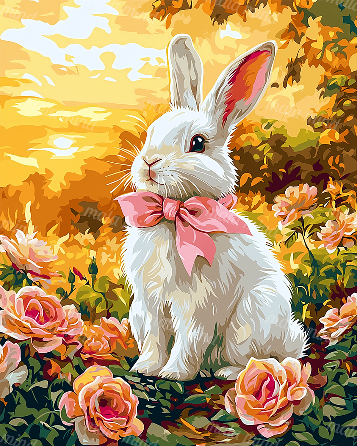 White rabbit with a large pink bow seated among roses and autumn foliage — 02_master_artwork
