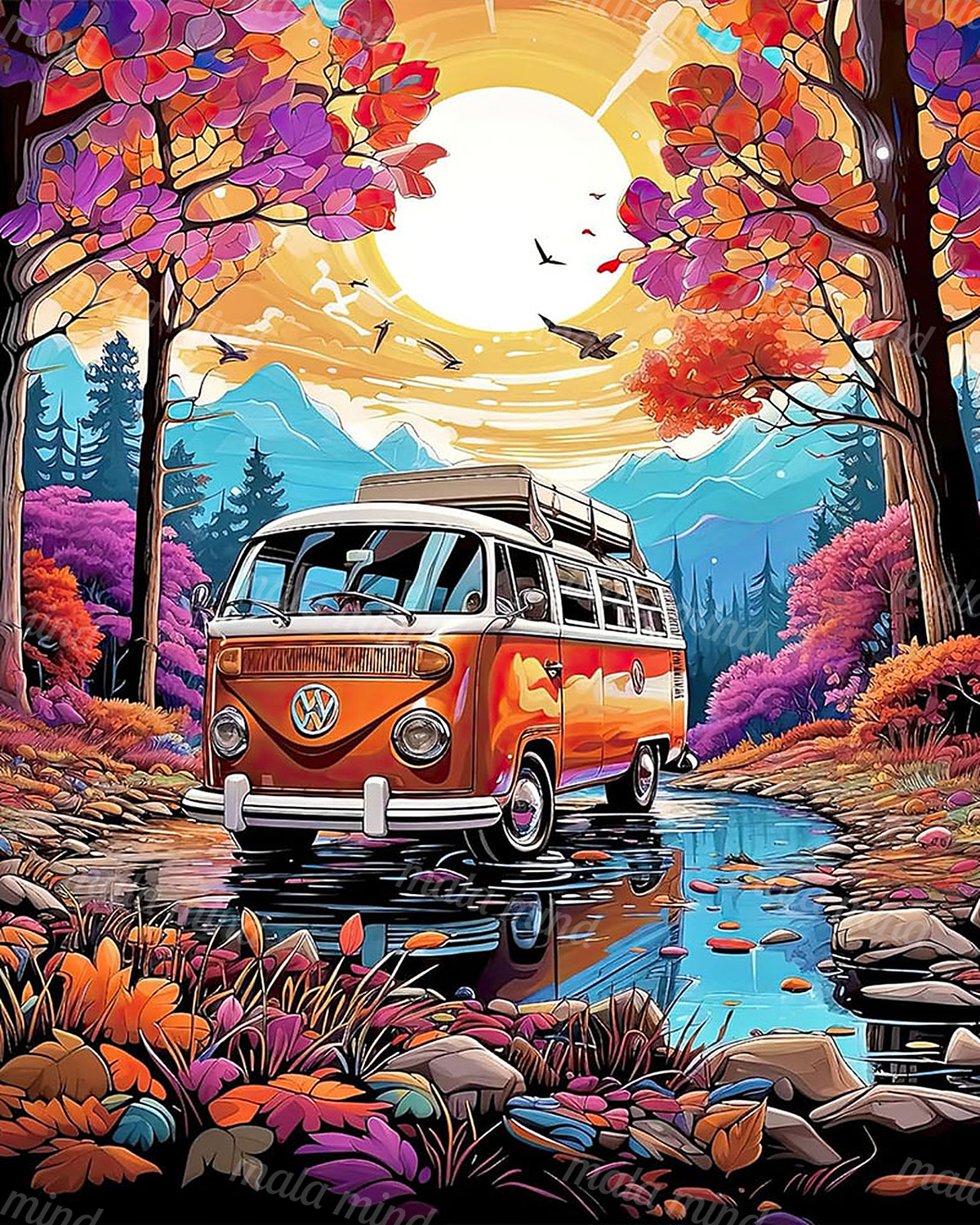 Orange-and-white vintage van reflected in a forest stream beneath autumn trees and blue mountains — 02_master_artwork
