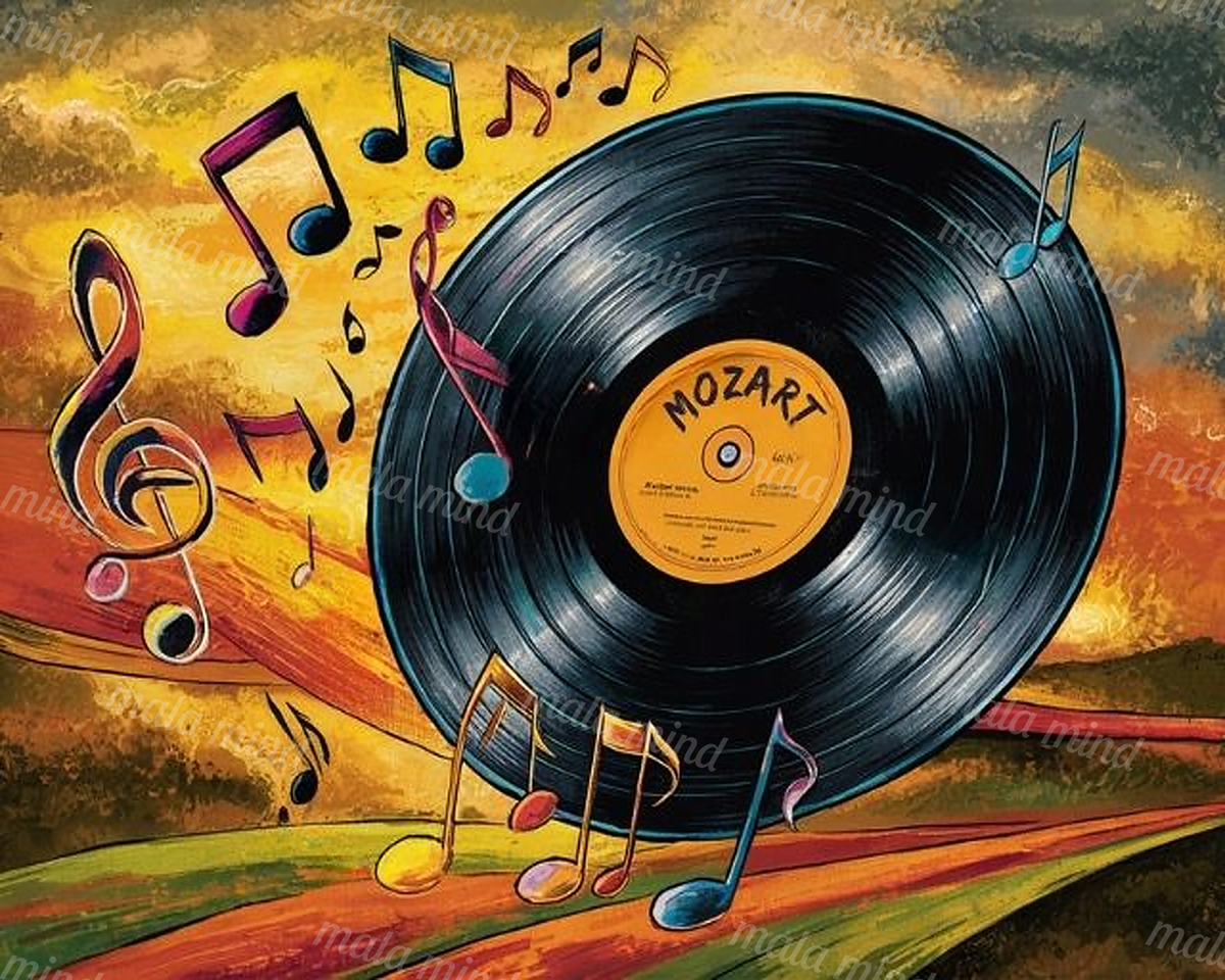 Black vinyl record with orange label surrounded by colorful musical notes and a treble clef — 02_master_artwork