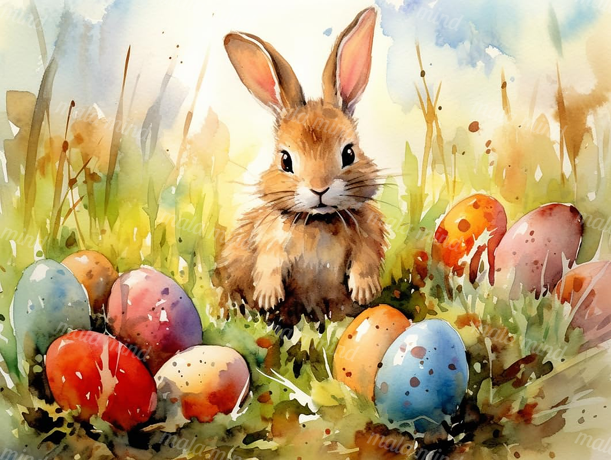 Watercolor rabbit sitting in a grassy meadow surrounded by colorful decorated Easter eggs — 02_master_artwork