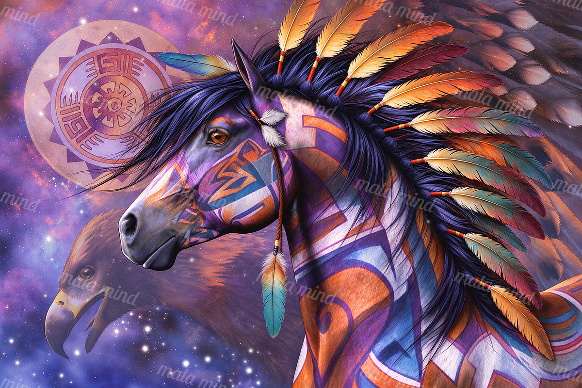 Geometric horse with a colorful feathered mane against stars, nebula clouds, and a circular symbol. — 02_master_artwork