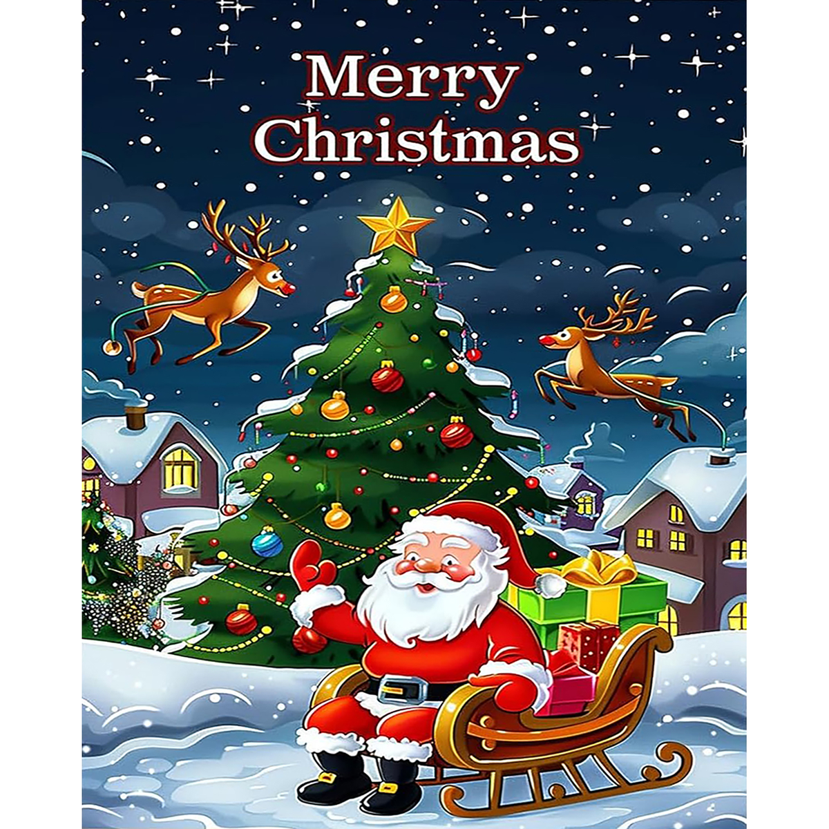 Cartoon Santa in a gift-filled sleigh beside a decorated tree, flying reindeer, and snowy village
