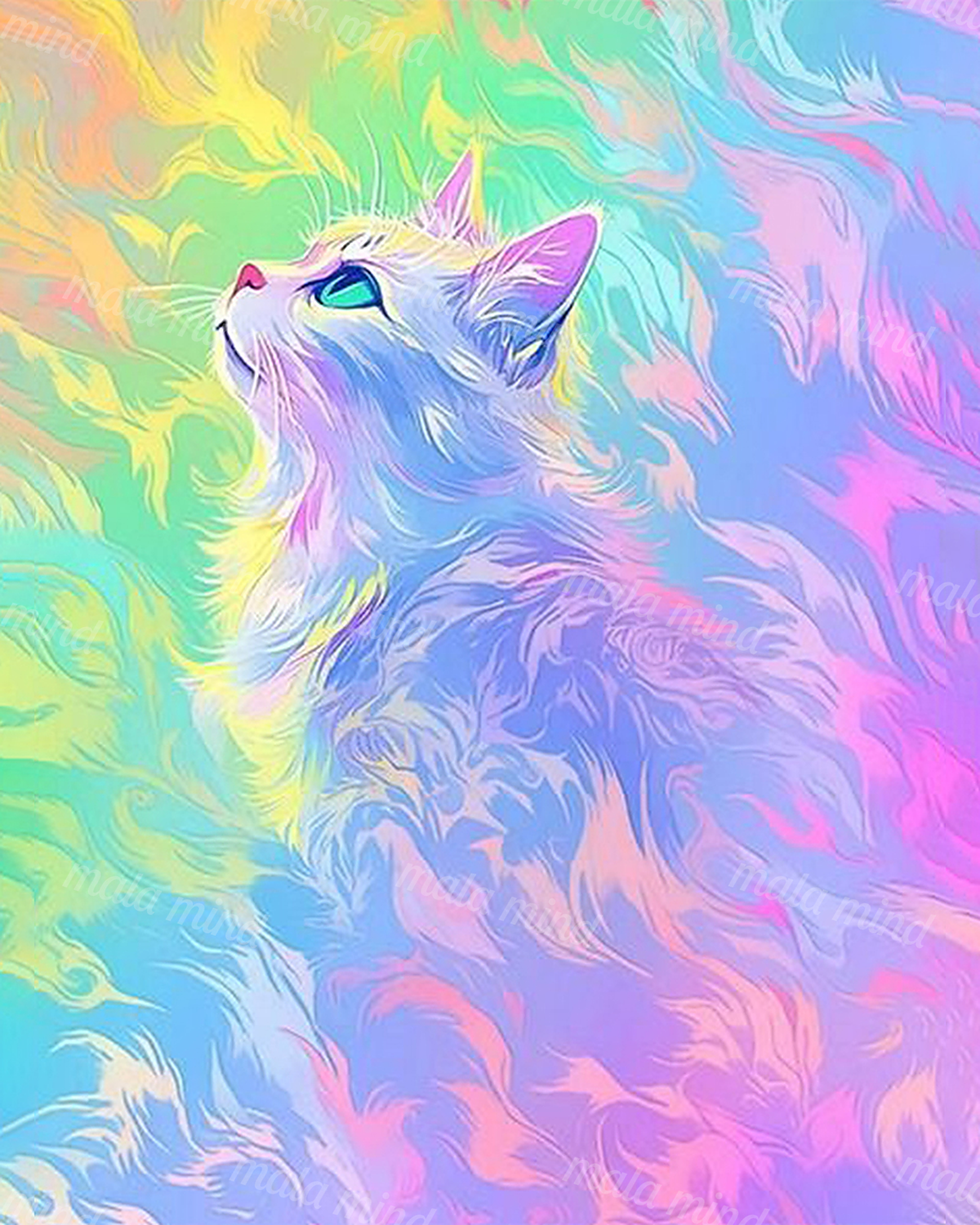 Pastel cat gazing upward amid flowing blue, lavender, pink, mint, and yellow abstract shapes. — 02_master_artwork