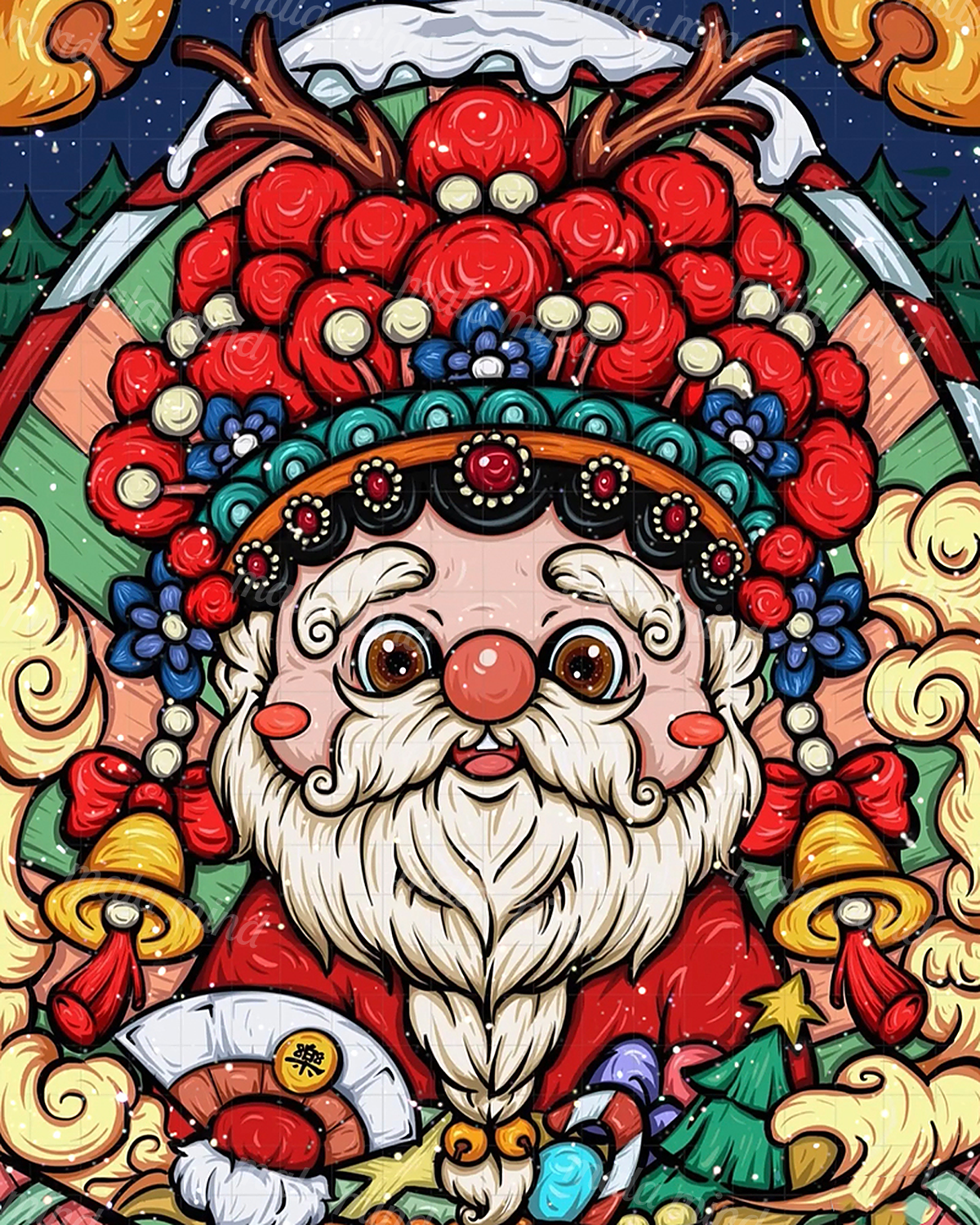 Colorful cartoon Santa portrait with a white beard, red berries, evergreen branches, bells, and winter decorations — 02_master_artwork