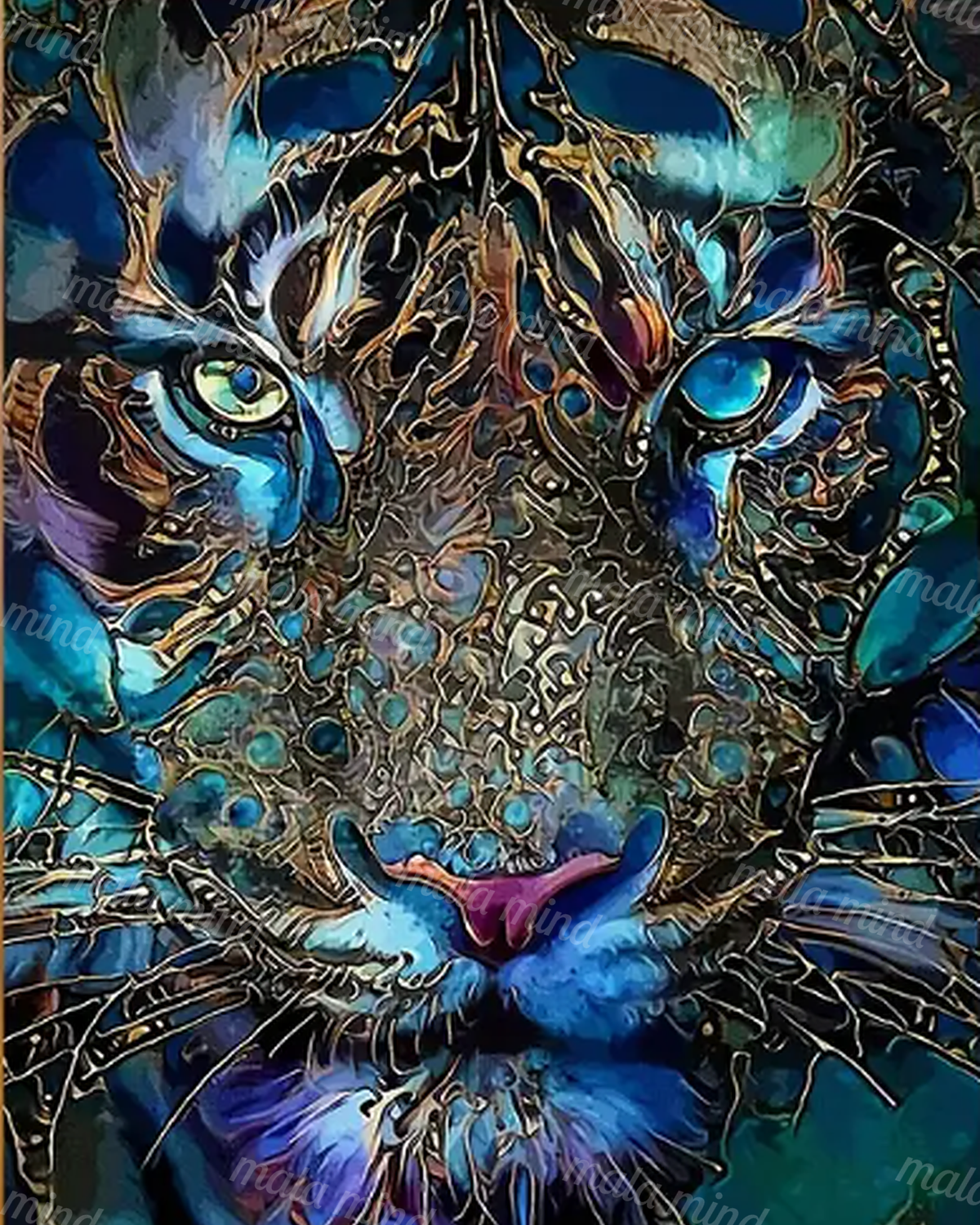 Abstract blue feline face with bright eyes, purple nose, and intricate gold and black linework — 02_master_artwork