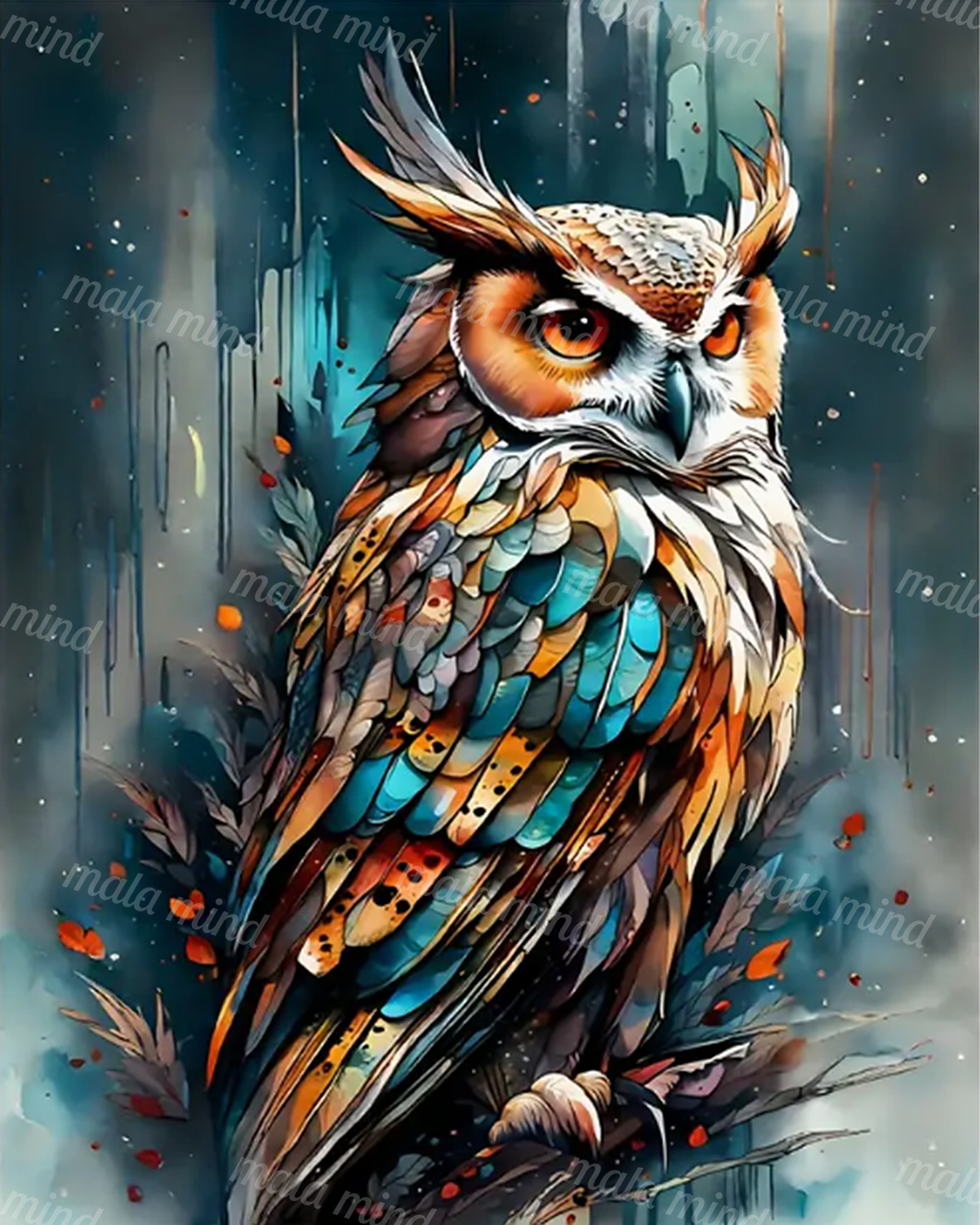 Colorful owl with bright orange eyes perched on a branch against a teal abstract forest background — 02_master_artwork