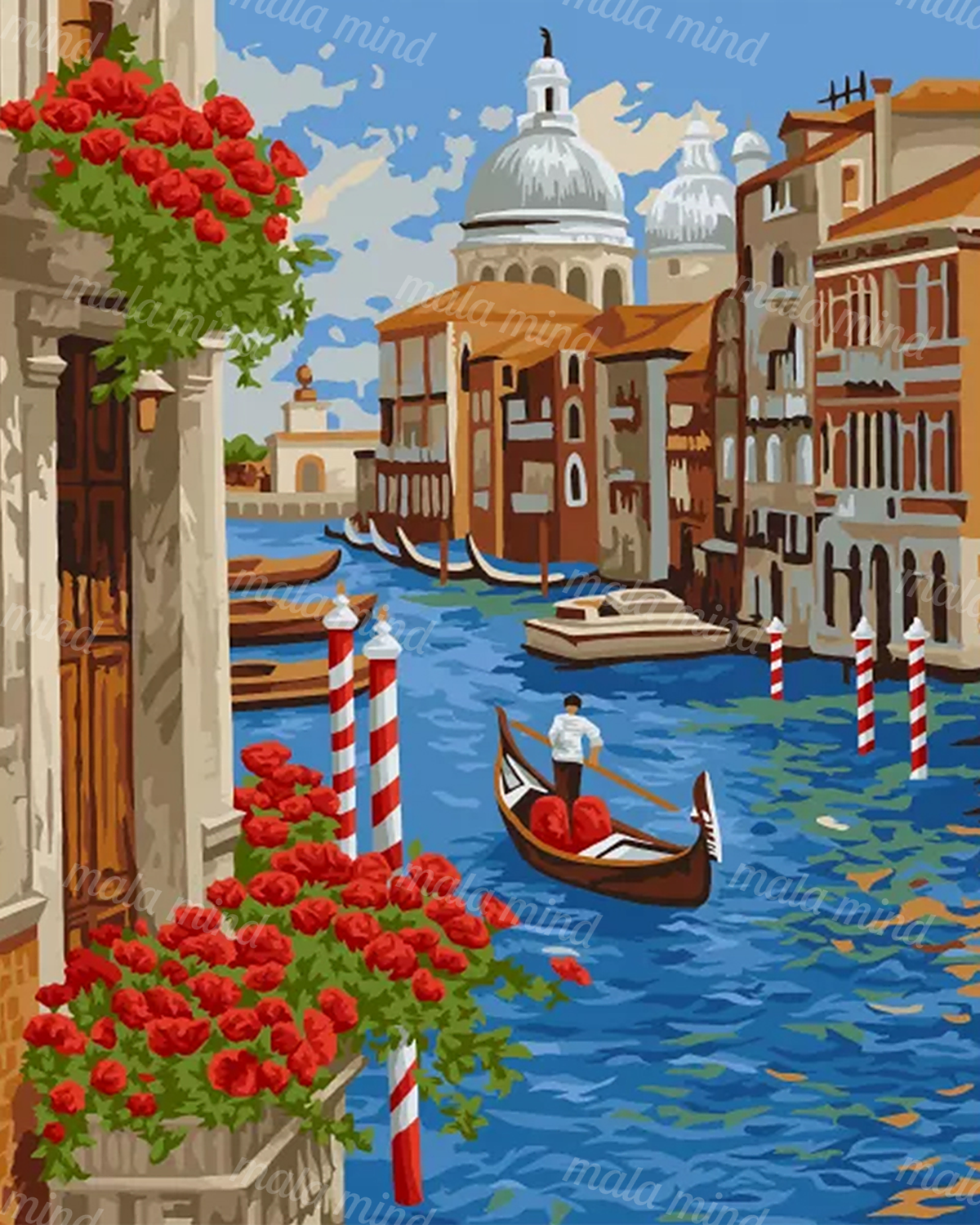 Painterly Venetian canal with gondola, domed buildings, striped poles, blue water, and red flowers — 02_master_artwork