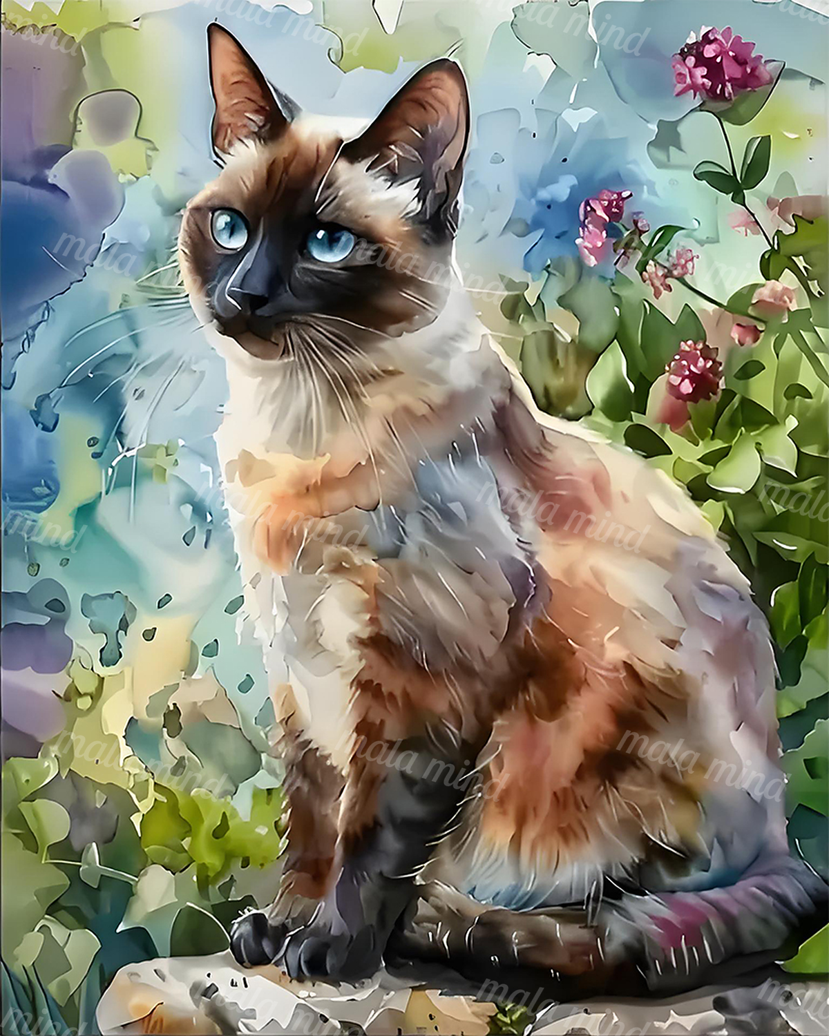 Watercolor-style Siamese cat with bright blue eyes seated among pink and purple flowers — 02_master_artwork