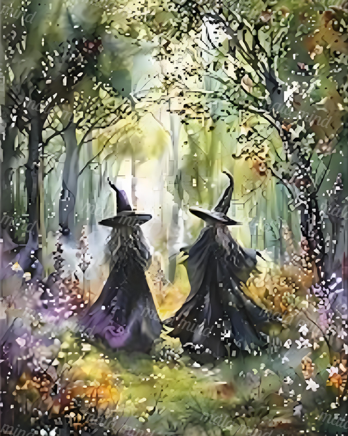 Abstract woodland scene with two dark-clad figures among pale foliage and tree trunks — 02_master_artwork