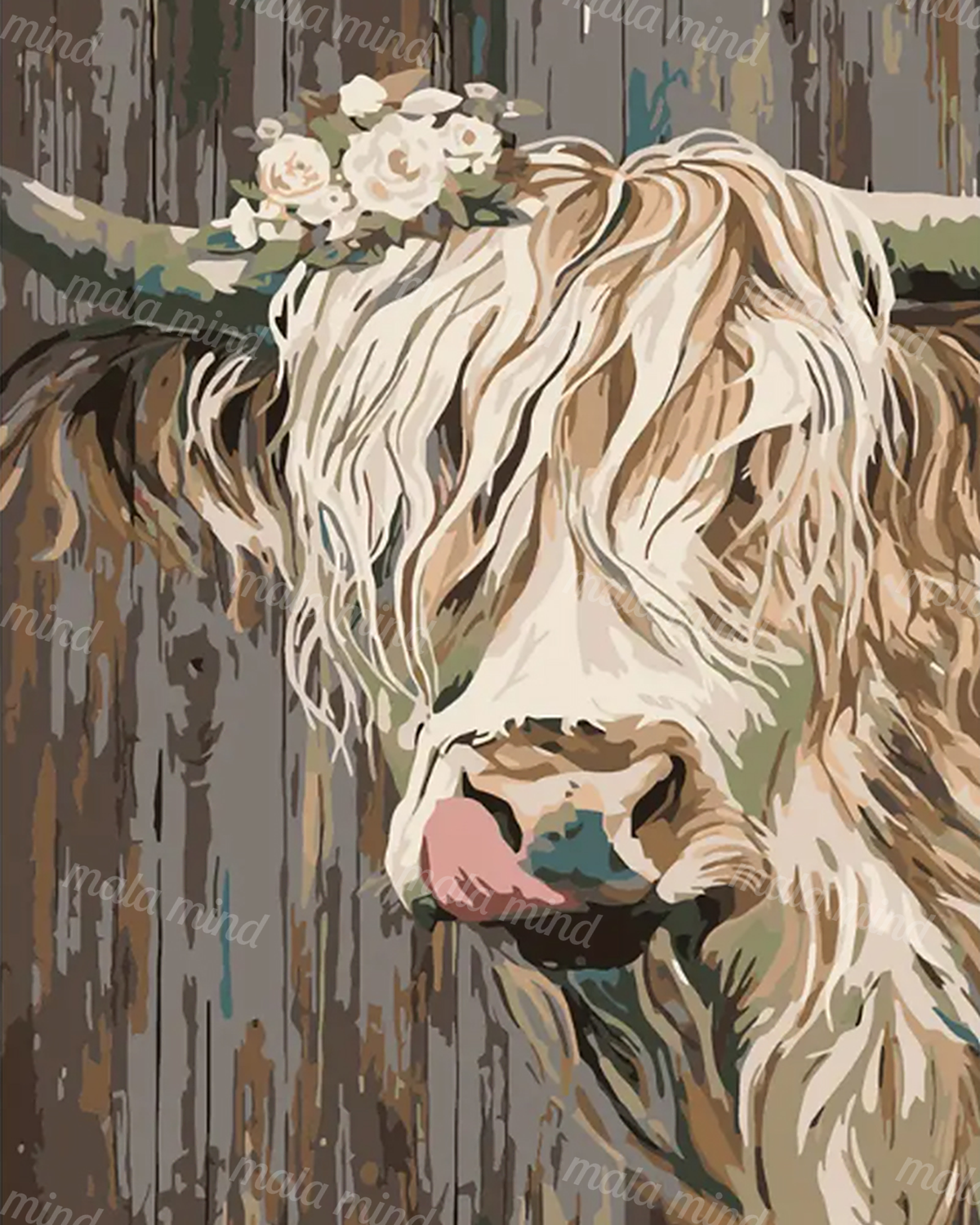 Shaggy cream Highland cow adorned with white flowers against a vertical forest backdrop — 02_master_artwork