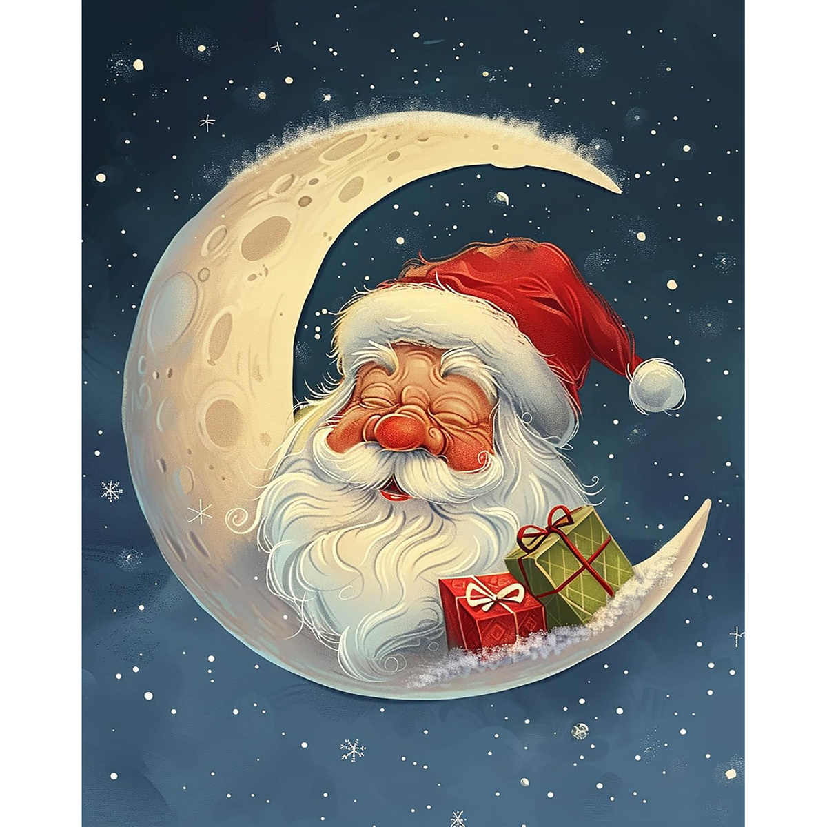 MalaMind Gallery V3 | 02 Master Artwork | CH-260921-057 | Smiling Santa sits inside a golden crescent moon with presents beneath a starry navy sky.