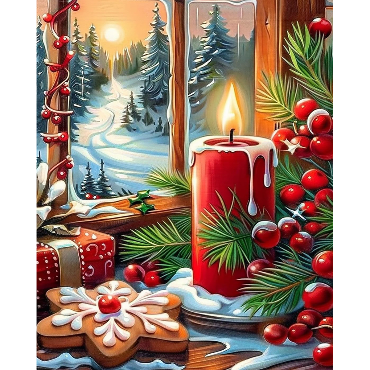 MalaMind Gallery V3 | 02 Master Artwork | CH-260921-077 | Red Christmas candle surrounded by pine, berries, gingerbread cookies, gifts, and a snowy forest view