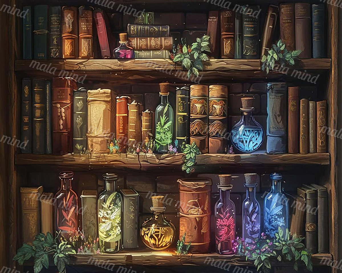 Antique bookshelf filled with books, colorful glass bottles, vials, and trailing green plants — 02_master_artwork