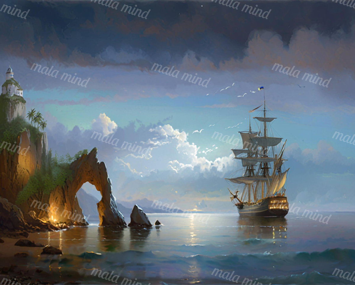 Painterly coastal scene with a tall sailing ship, lighthouse, rocky arch, palm trees, and reflective water. — 02_master_artwork
