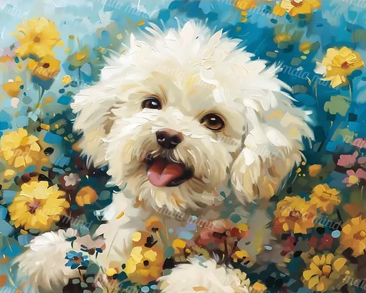 Fluffy white dog with tongue out surrounded by yellow flowers and blue-green foliage — 02_master_artwork
