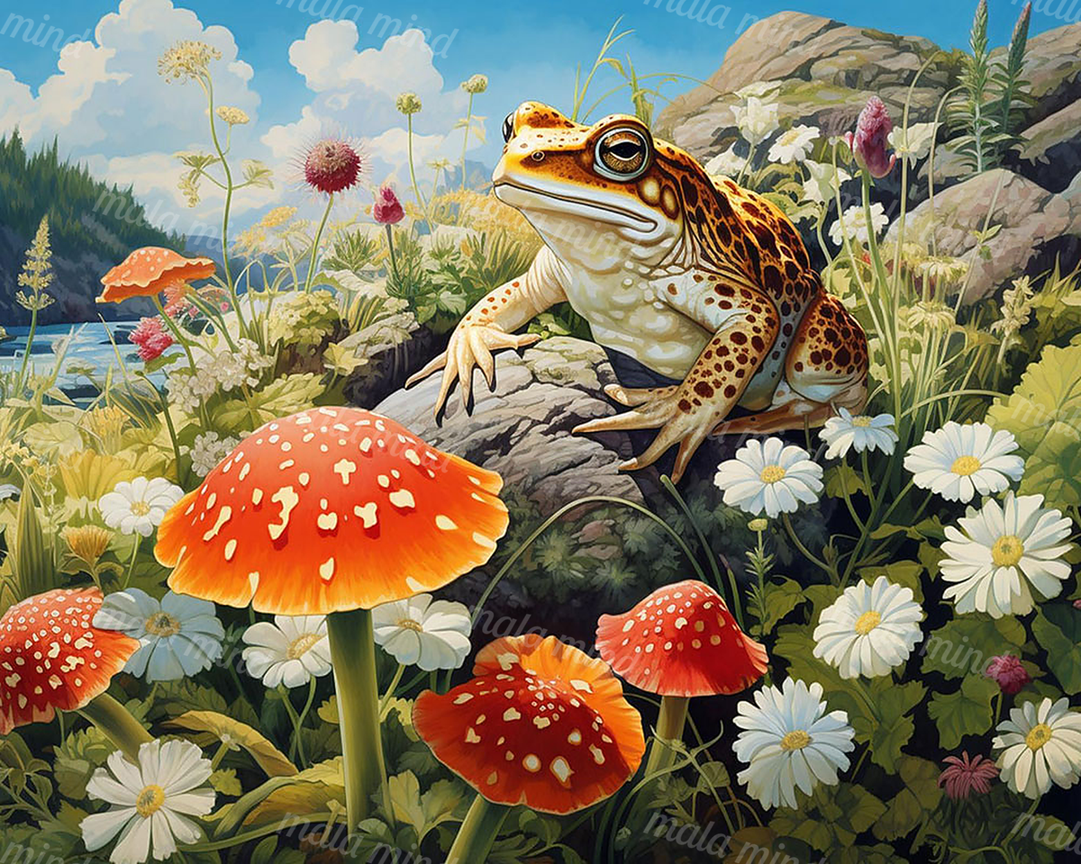 Spotted frog perched on rocks among red mushrooms and white daisies in a mountain meadow — 02_master_artwork