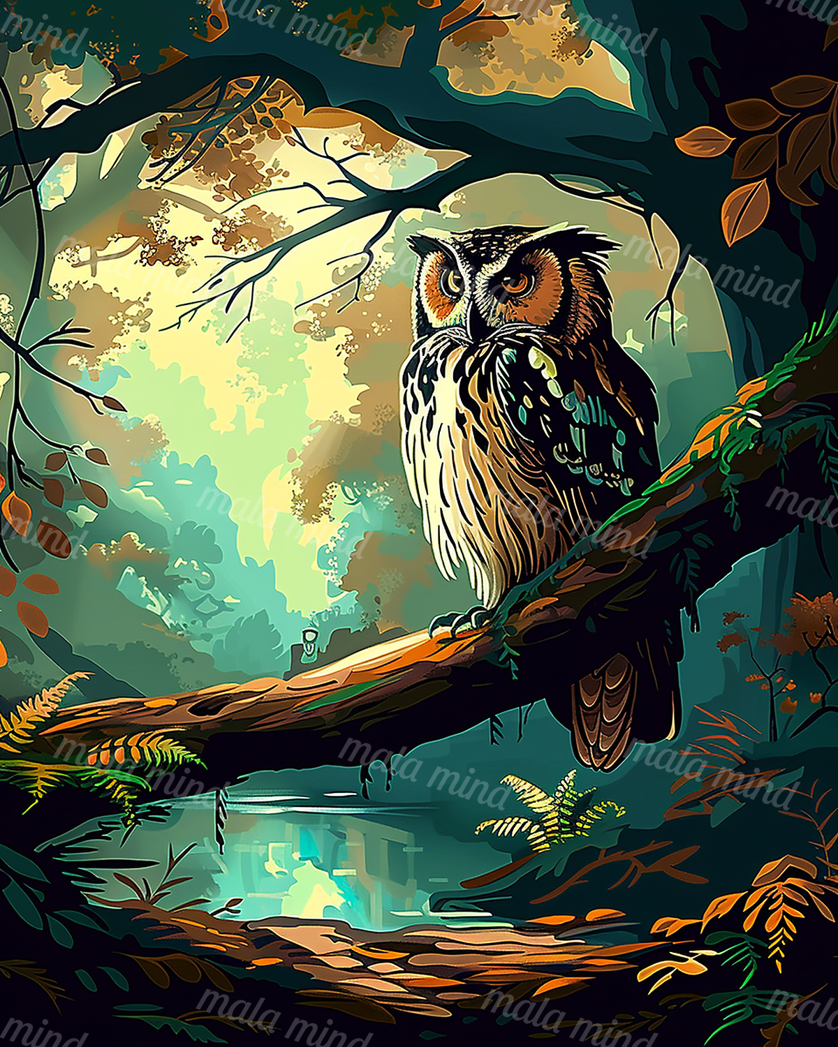 Stylized owl perched on a branch amid dense teal forest foliage, ferns, and a softly lit clearing. — 02_master_artwork