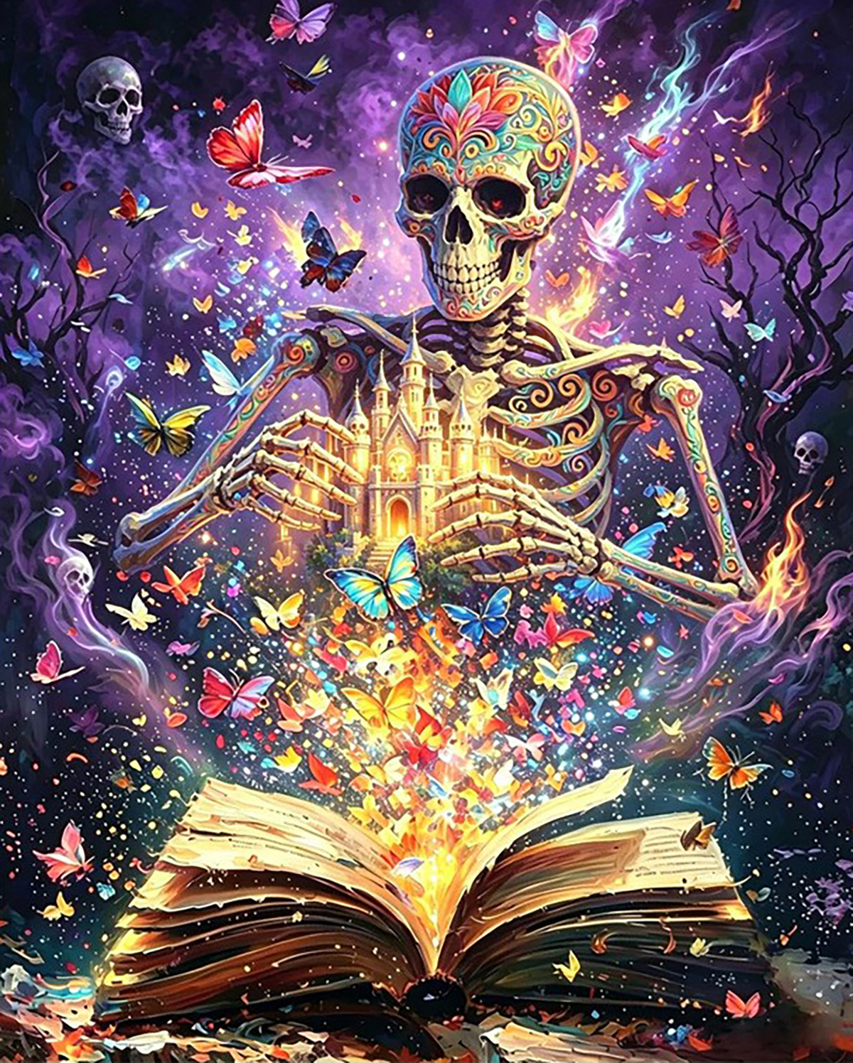 Enchanted Skeleton and the Book of Butterflies original diamond painting artwork