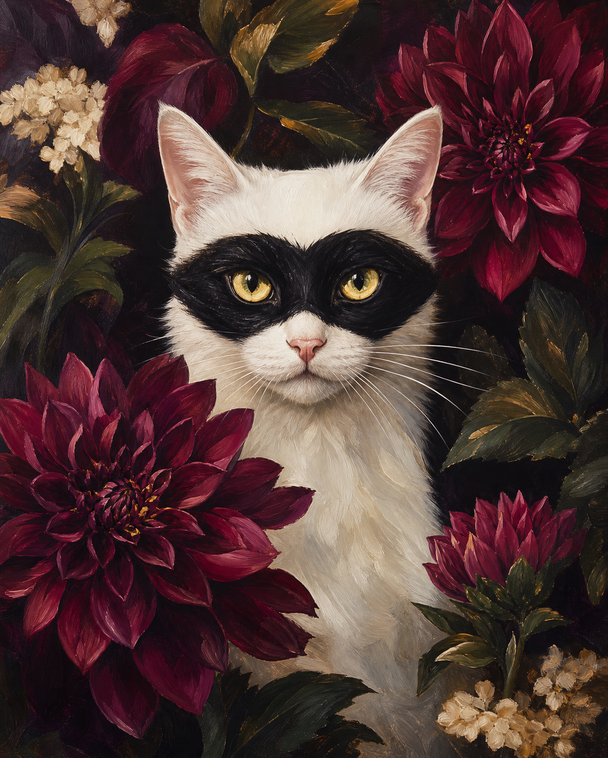 Burgundy Dahlia Masked Cat original diamond painting artwork