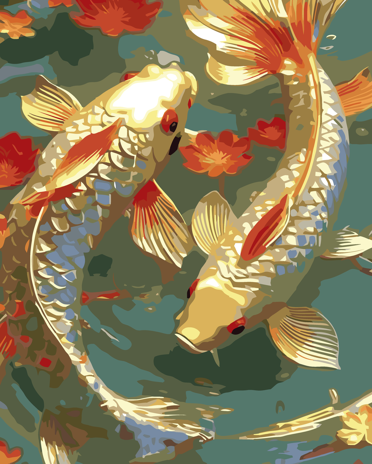 Koi Fish and Crimson Pond Flowers original diamond painting artwork