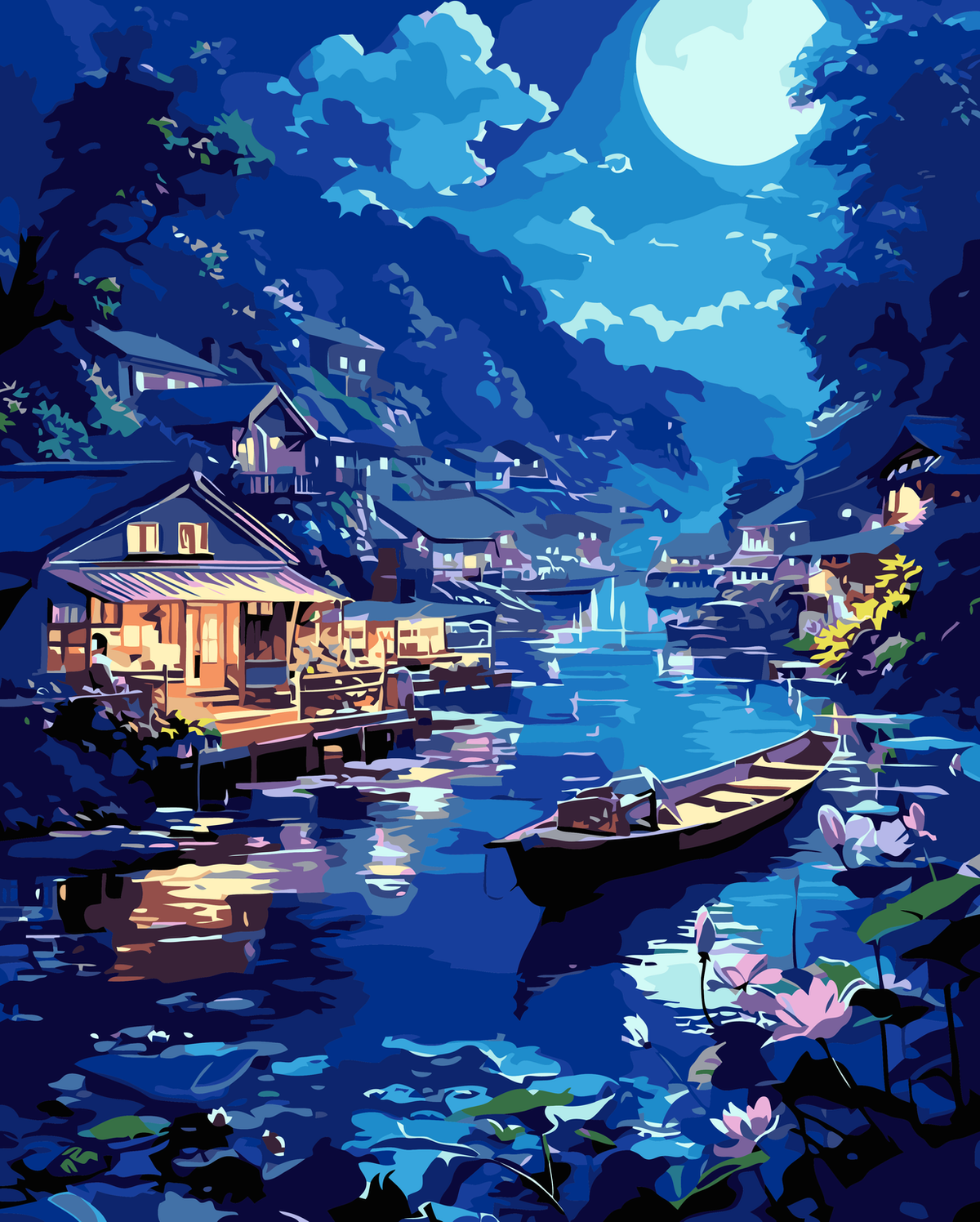 Moonlit Riverside Village original diamond painting artwork