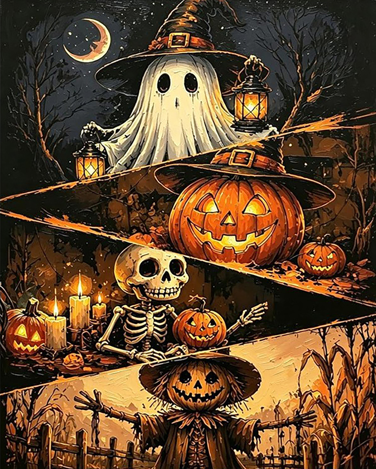 Haunted Halloween Pumpkin Gathering original diamond painting artwork