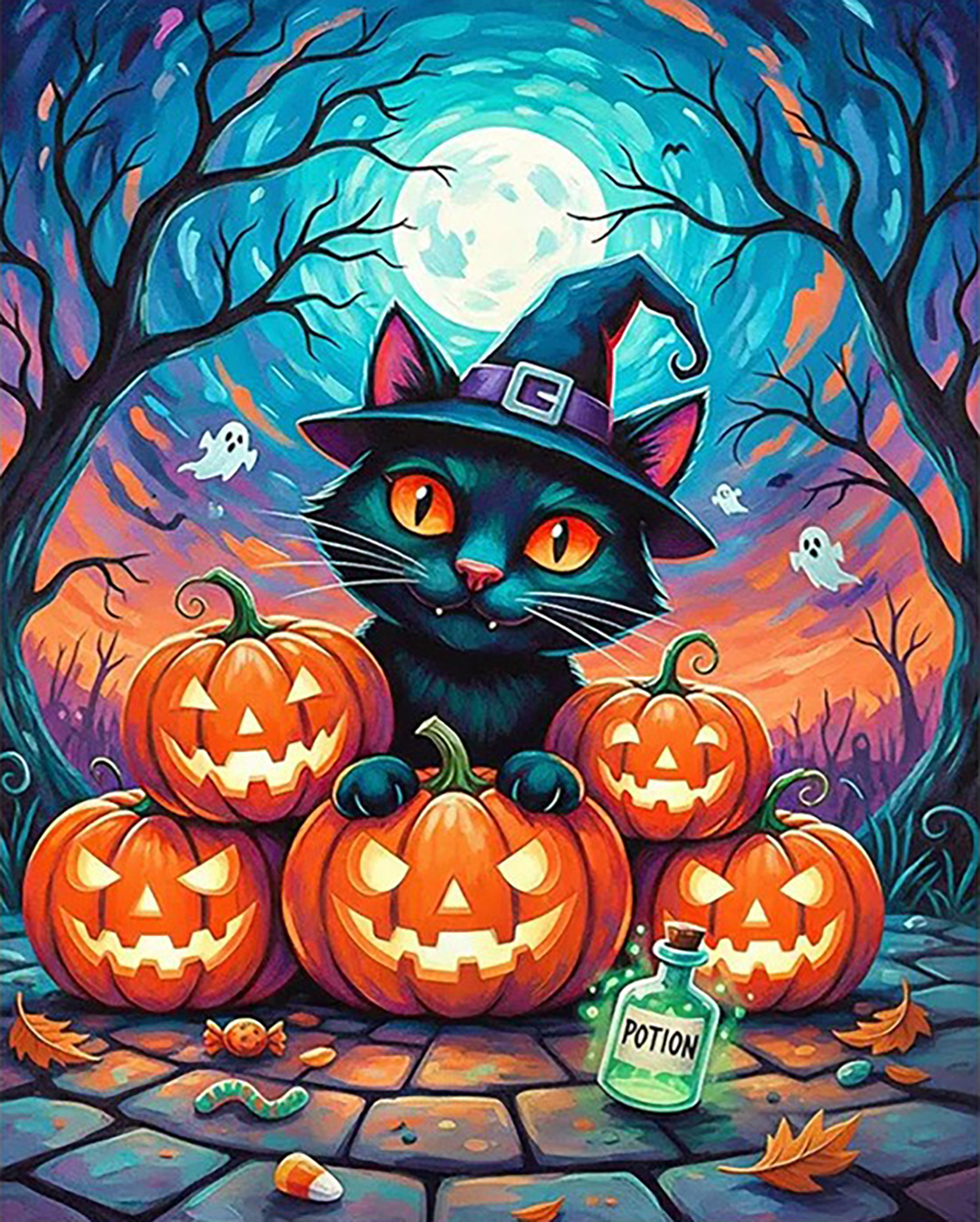 Midnight Black Cat Halloween original diamond painting artwork