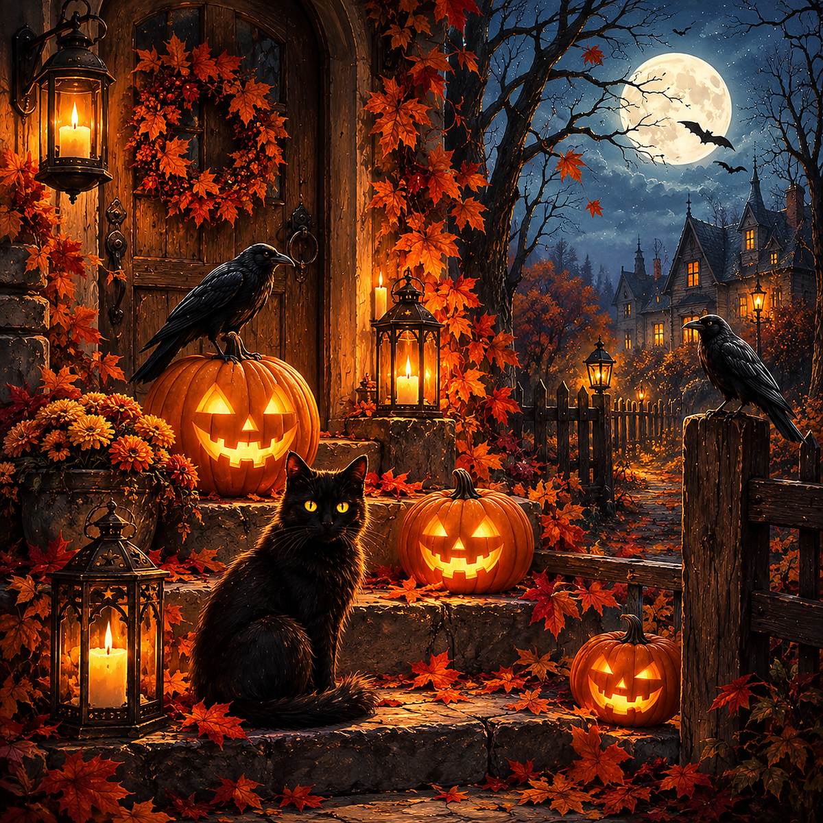 Halloween Black Cat at the Haunted Village original diamond painting artwork