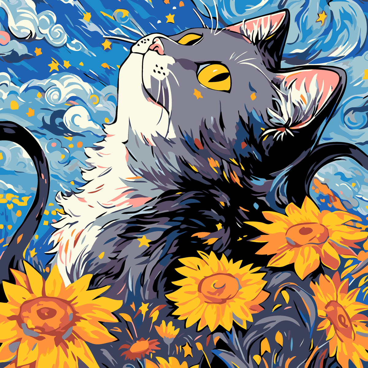 Celestial Cat Among Sunflowers original diamond painting artwork