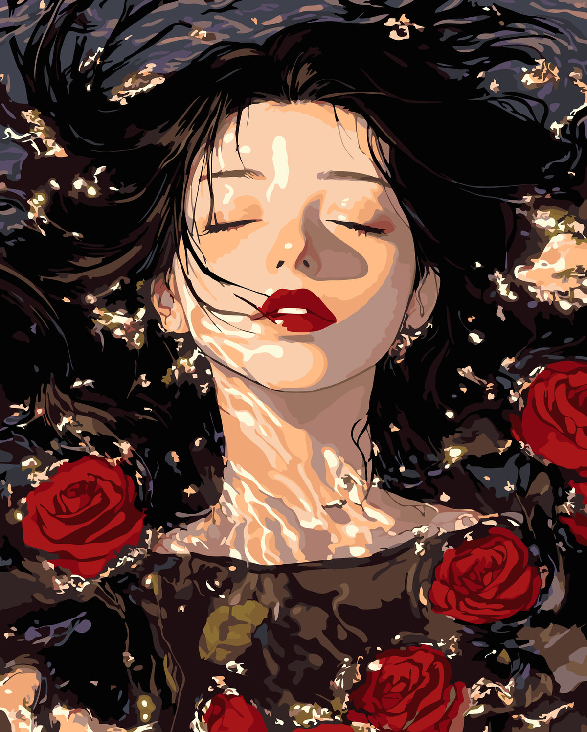 Woman Among Crimson Roses original diamond painting artwork