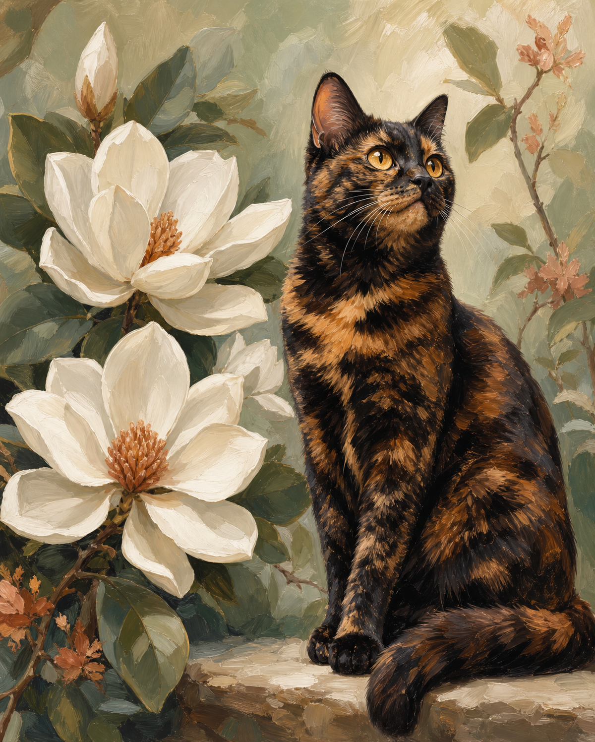 Magnolia Garden Tortoiseshell Cat original diamond painting artwork