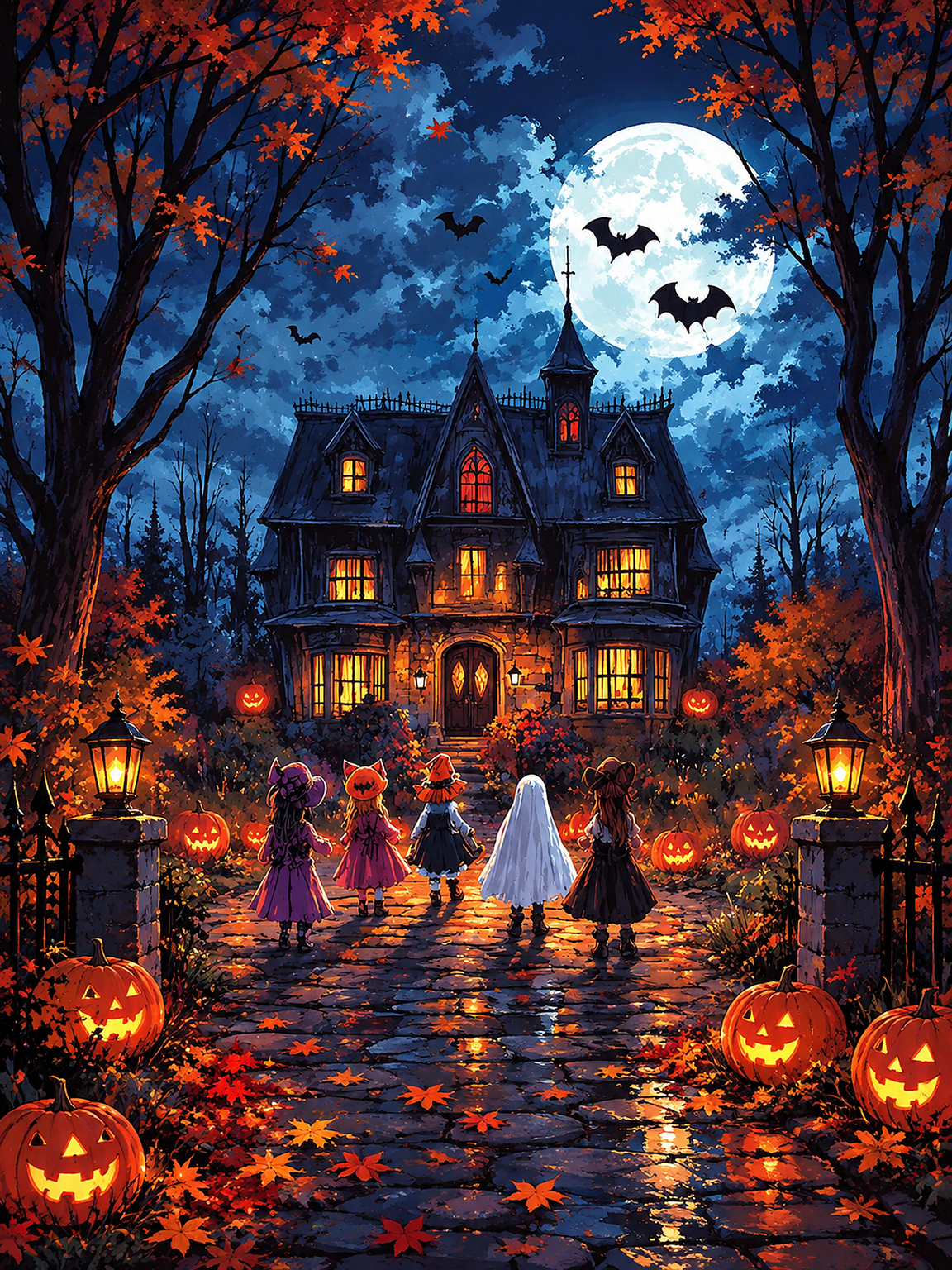 Moonlit Haunted House Trick-or-Treat original diamond painting artwork