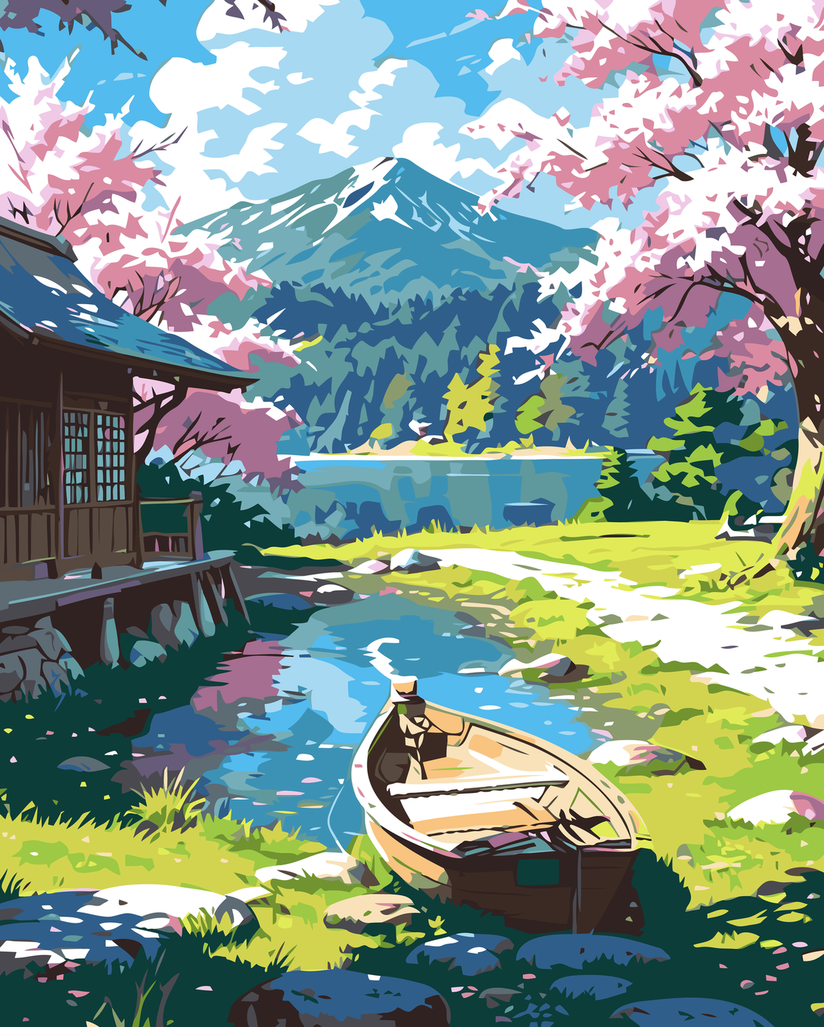 Spring Mountain Lake Retreat original diamond painting artwork