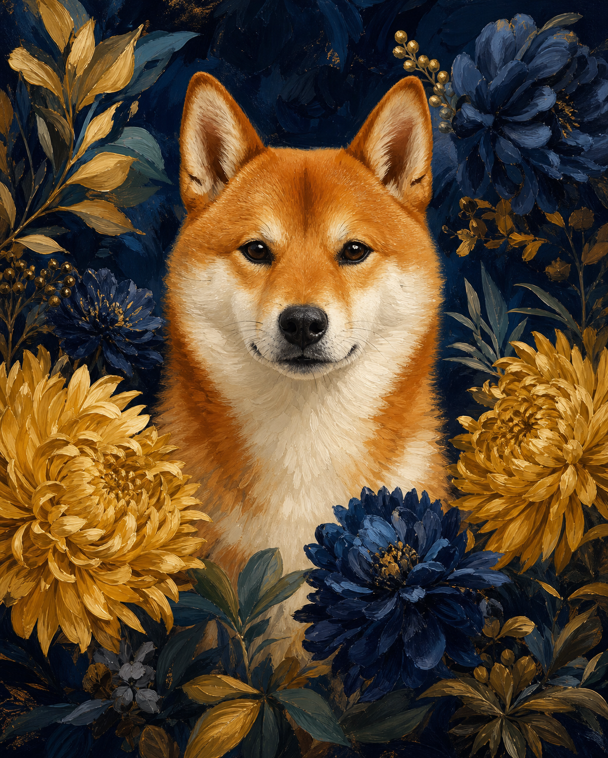 Shiba Inu in Midnight Botanicals original diamond painting artwork