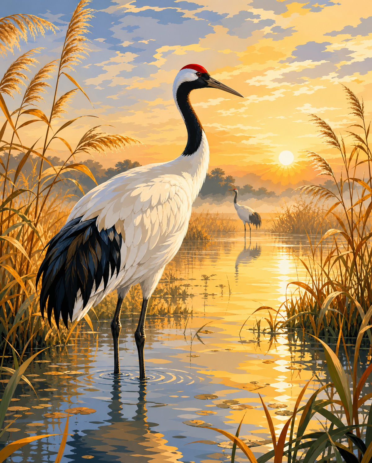 Red-Crowned Crane at Sunrise original diamond painting artwork