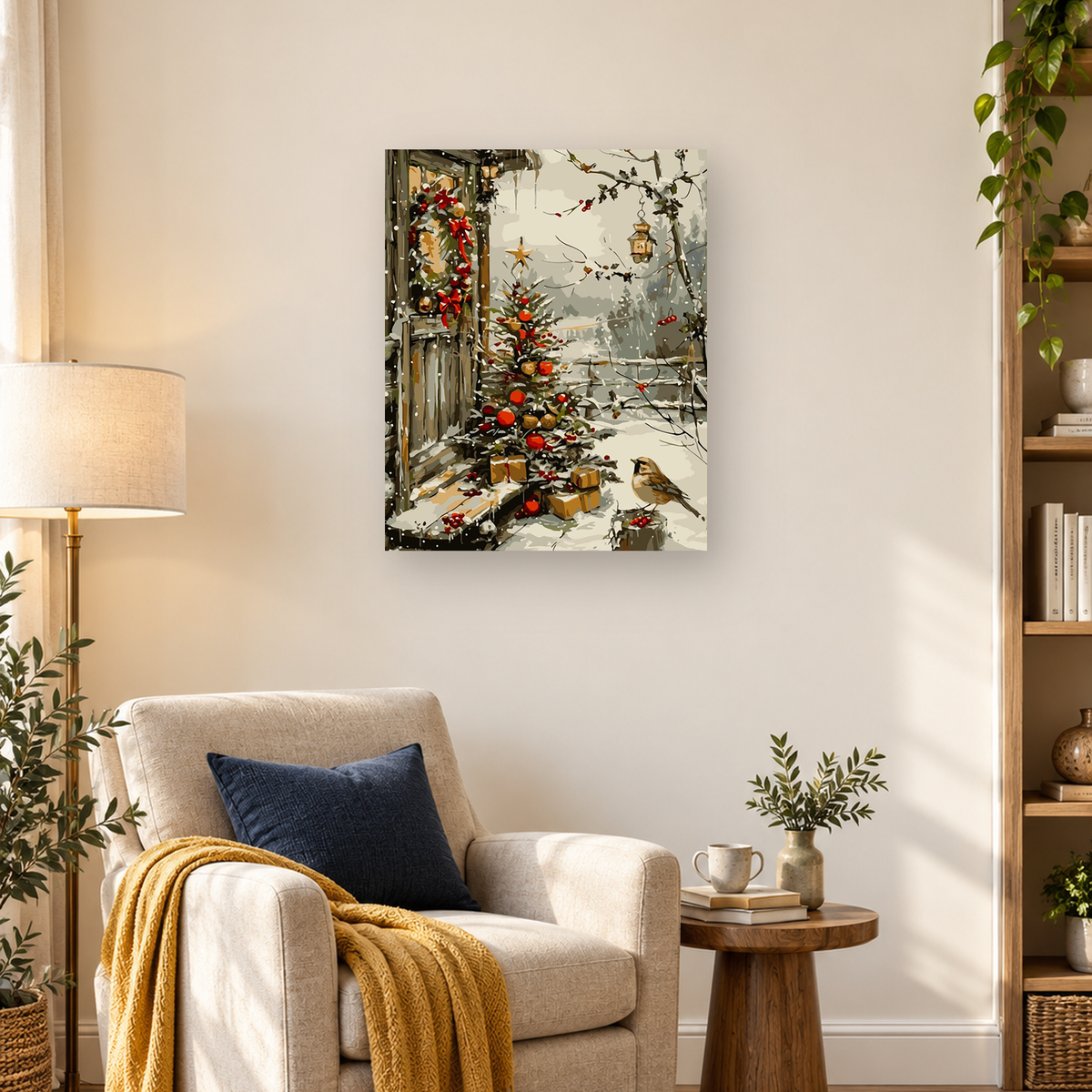 Snow-covered decorated Christmas tree with gifts, lantern, bird, and rustic woodland surroundings