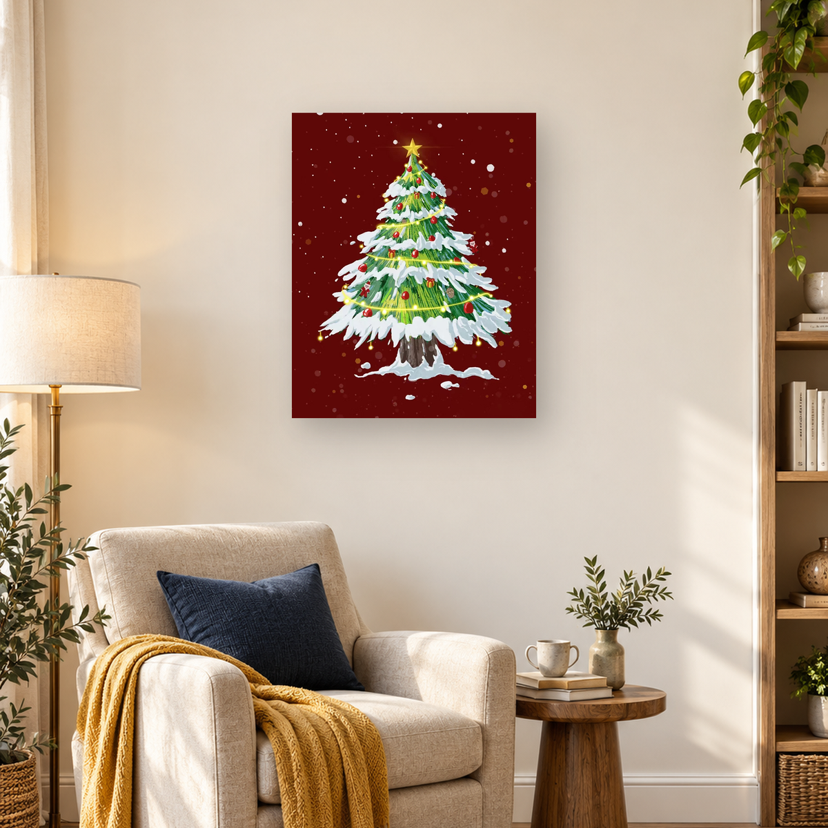 Snow-covered Christmas tree with glowing lights, red ornaments, gifts, and a gold star on a red background — 03_lifestyle_hero
