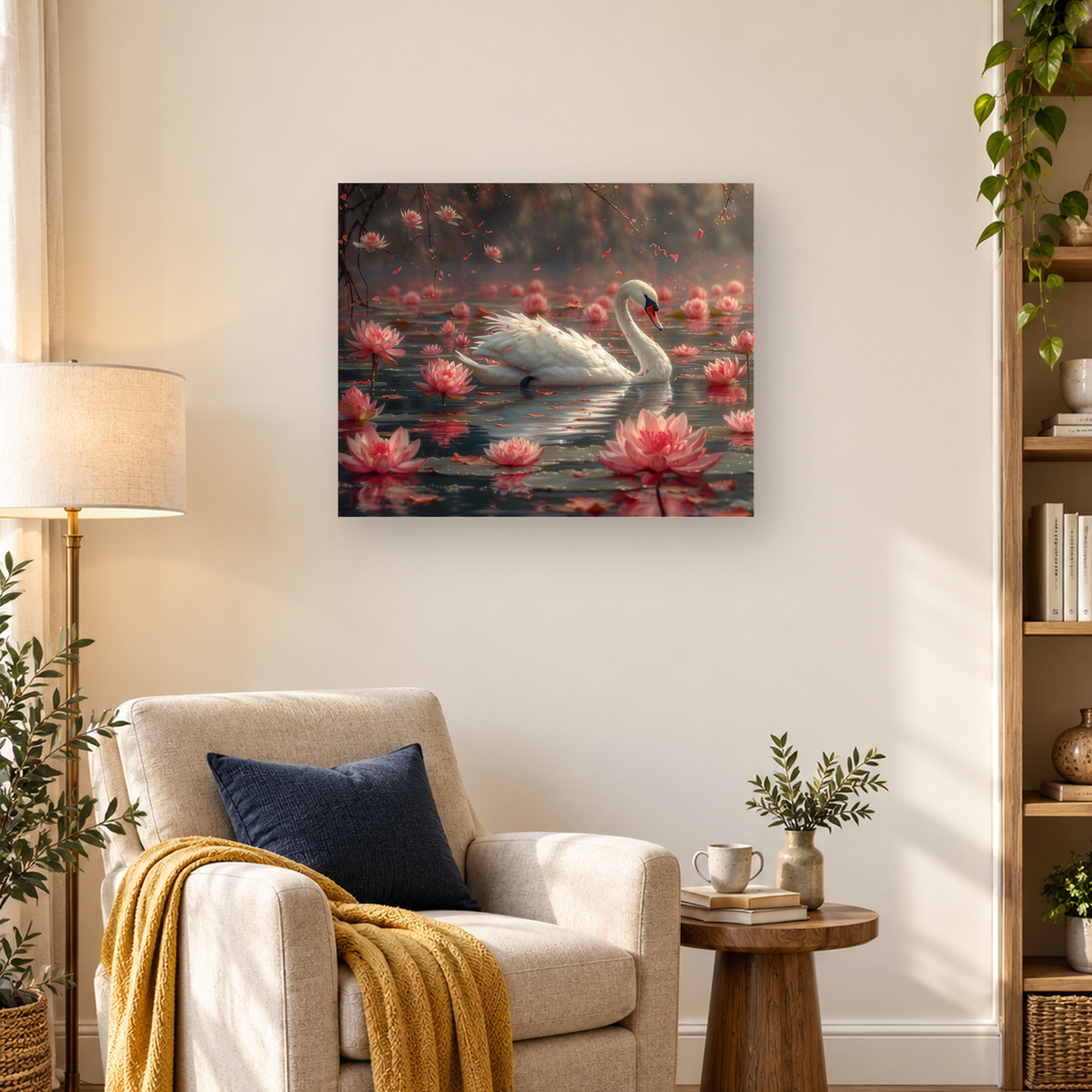White swan floating among pink water lilies on a reflective pond beneath hanging branches — 03_lifestyle_hero