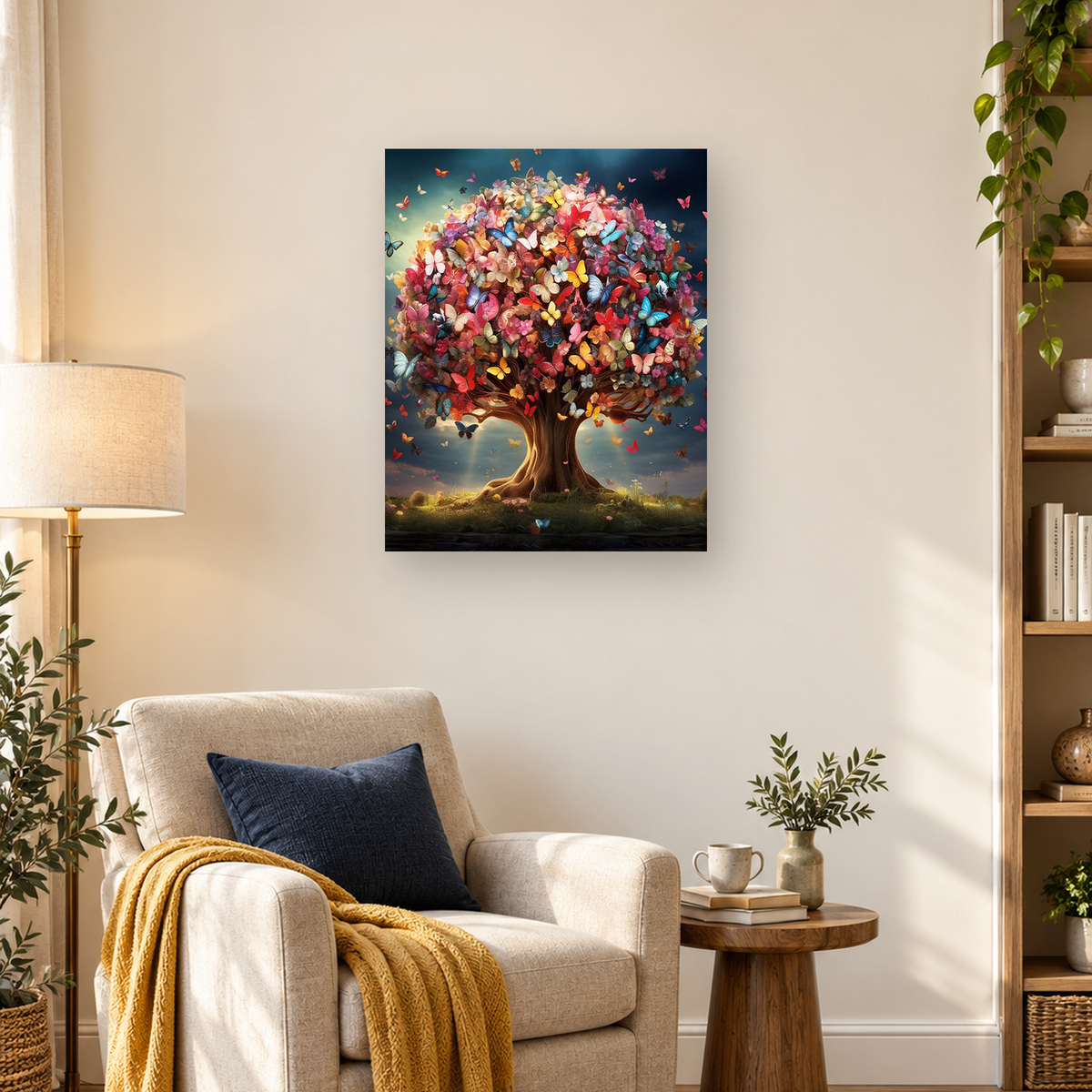 Large flowering tree covered with colorful butterflies in a grassy meadow beneath a dark teal sky — 03_lifestyle_hero