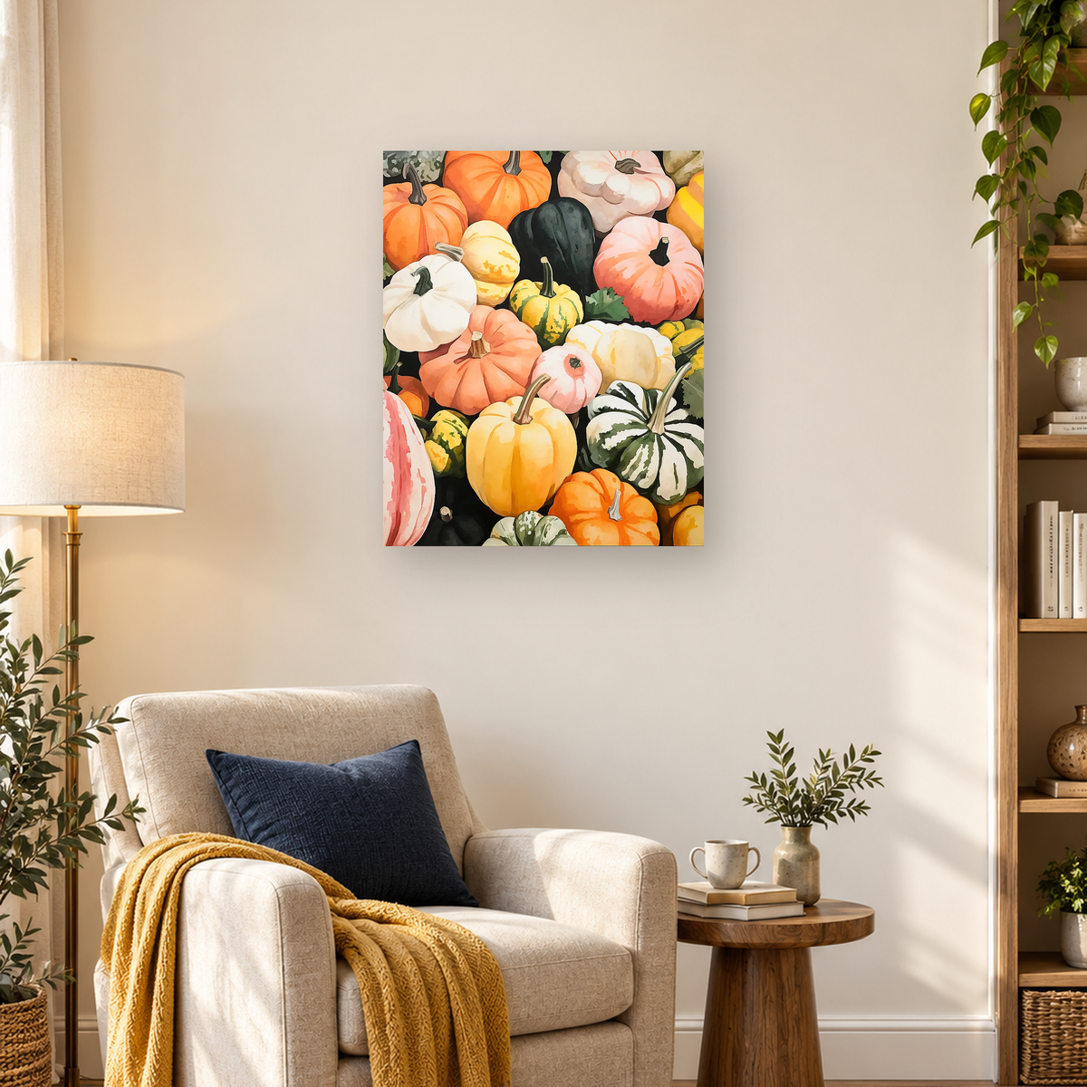 Watercolor-style arrangement of colorful pumpkins and striped gourds with stems and leafy foliage. — 03_lifestyle_hero