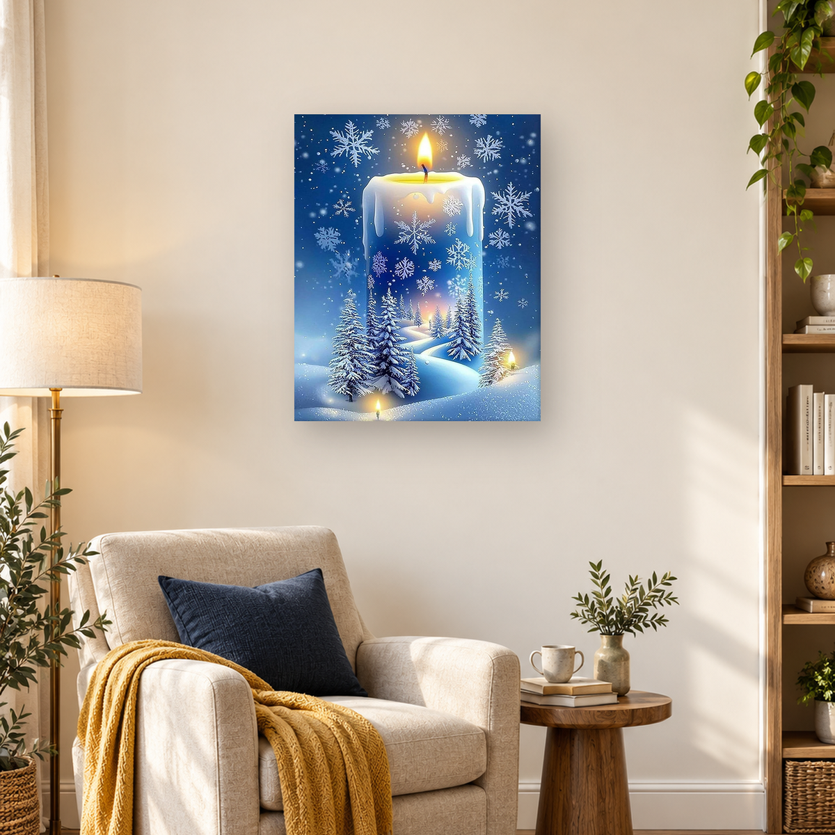 Glowing frosted candle surrounding a snowy evergreen forest and winding path beneath drifting snowflakes.
