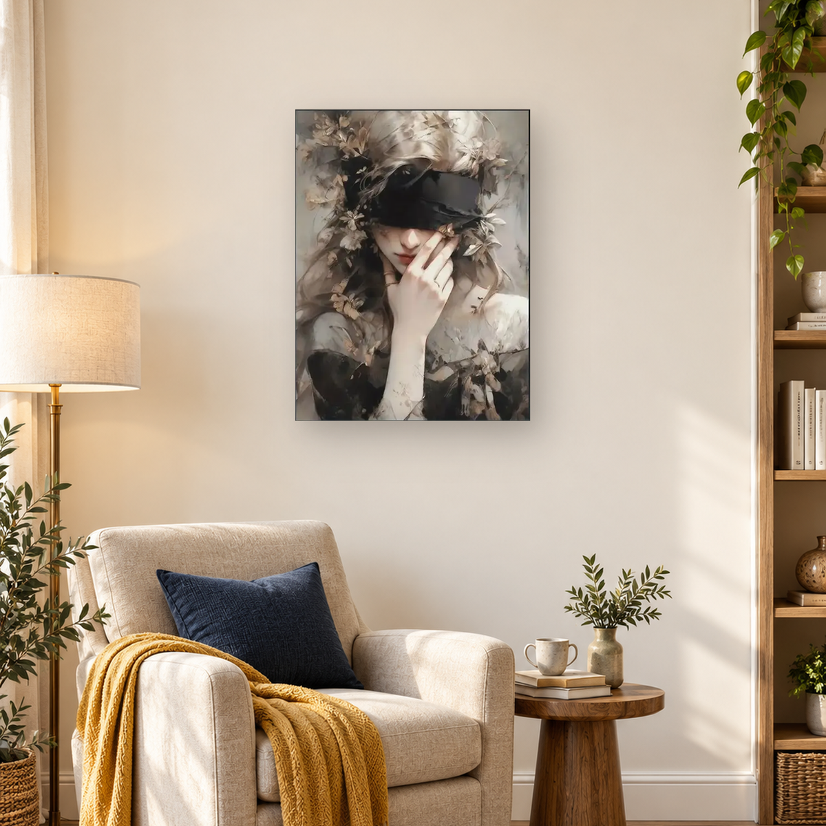 Masked woman with a raised hand, light hair, flowers, leaves, and feathers in a muted painterly portrait. — 03_lifestyle_hero