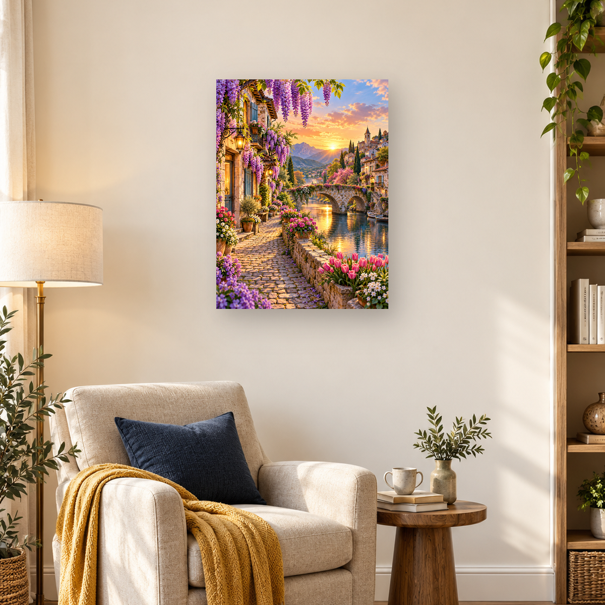 Flower-filled riverside village with stone bridge, mountain sunset, wisteria, and colorful gardens — 03_lifestyle_hero