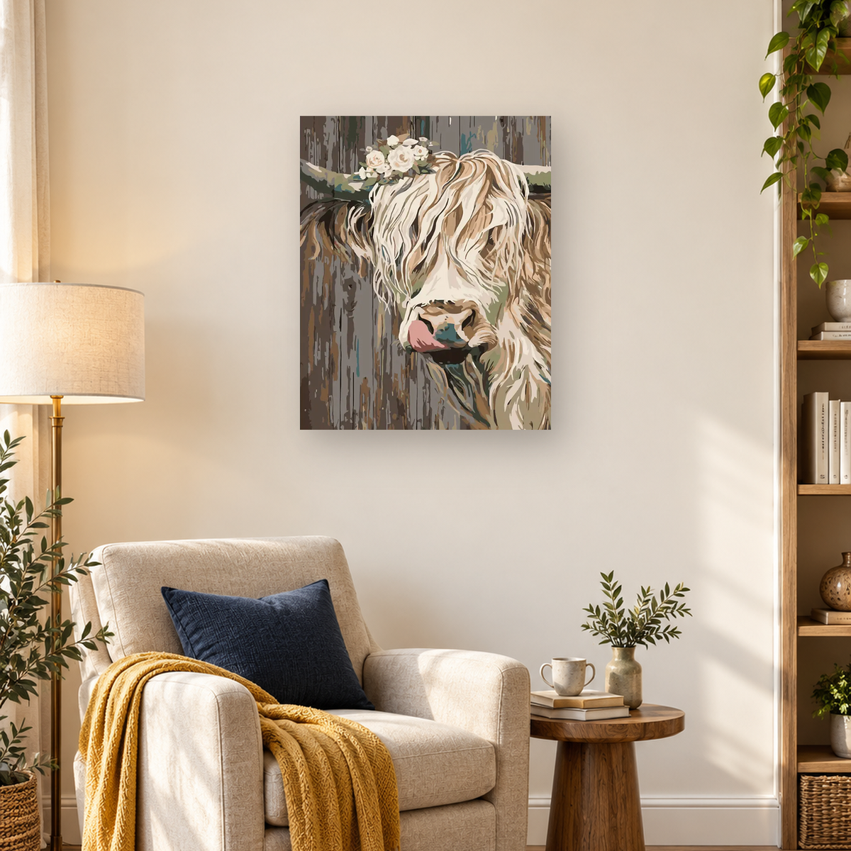 Shaggy cream Highland cow adorned with white flowers against a vertical forest backdrop — 03_lifestyle_hero