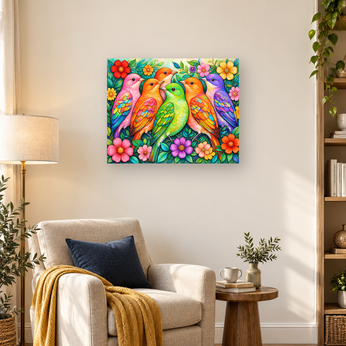 Six colorful birds surrounded by bright flowers, green leaves, and branches in a vivid garden illustration — 03_lifestyle_hero