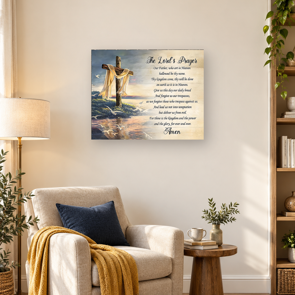 Cloth-draped wooden cross beside the sea with seabirds and The Lord's Prayer in calligraphy — 03_lifestyle_hero