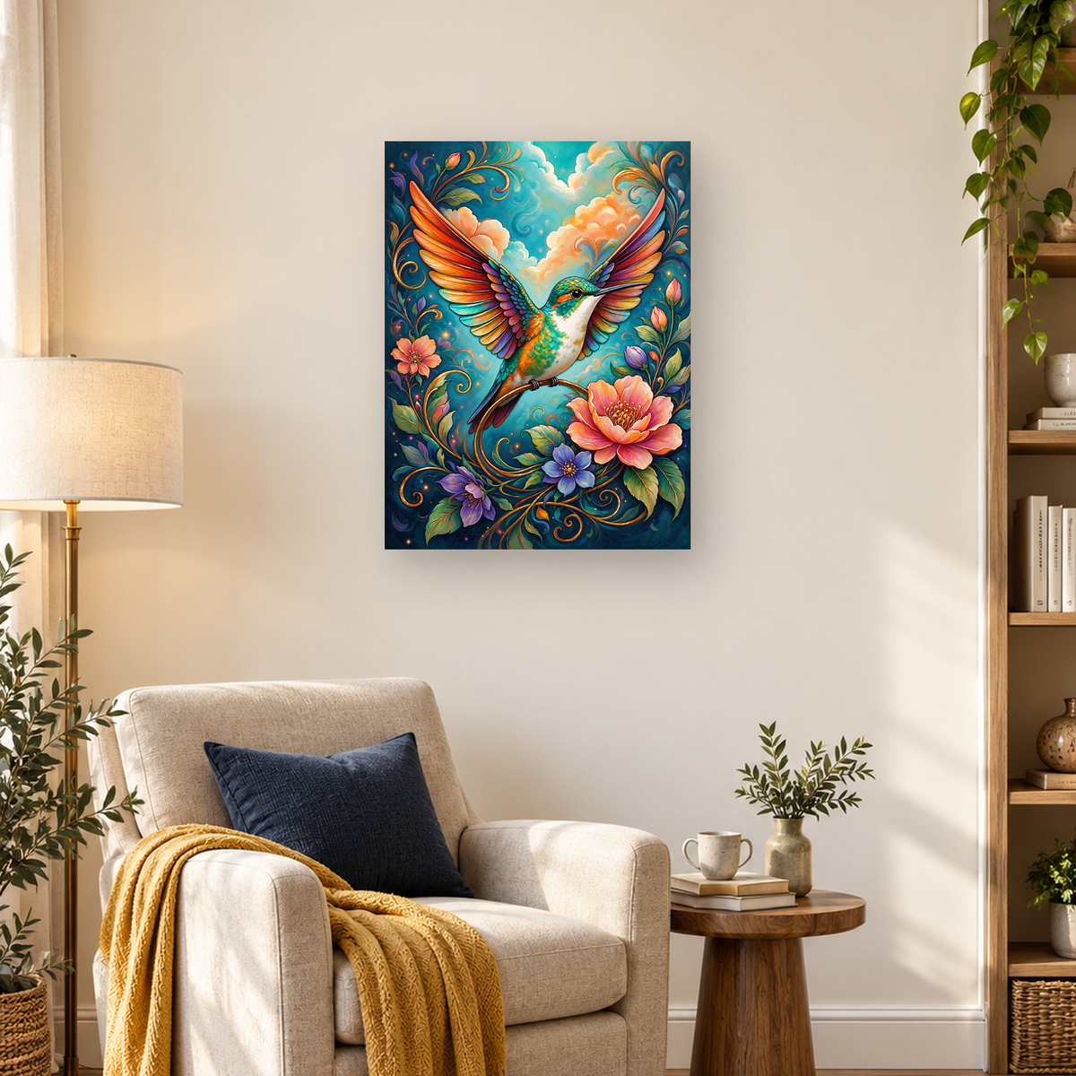 Colorful hummingbird with spread wings surrounded by flowers, curling vines, leaves, and clouds — 03_lifestyle_hero